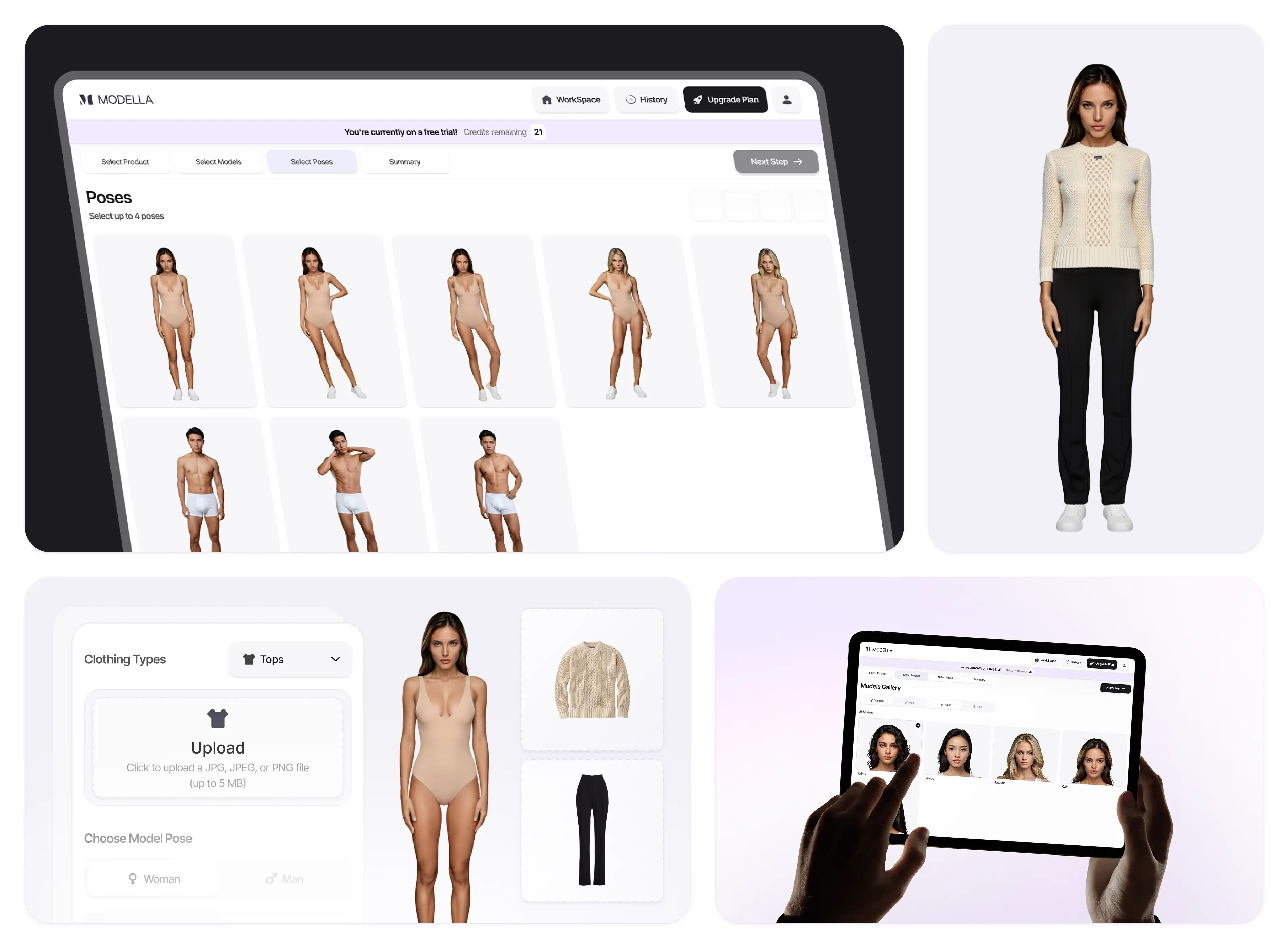 Modella interface showing model selection, clothing uploads and AI-generated outfit previews
